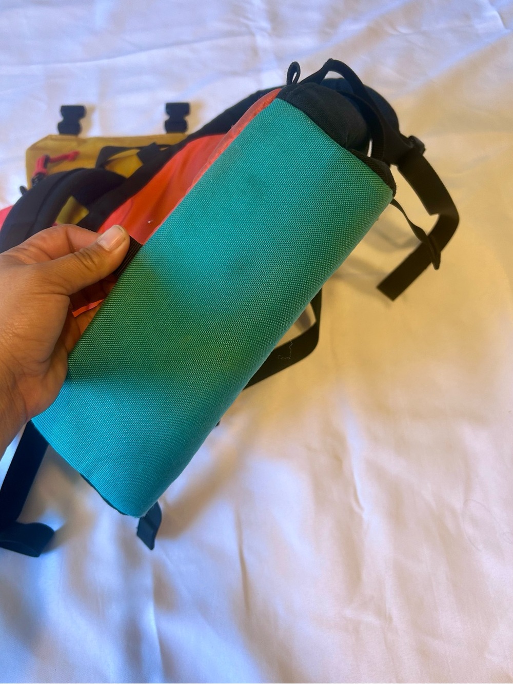 Topo Designs Rover Pack Classic Colorblock Roll-Top BackpackCoral, Teal & Yellow - Picture 7 of 8